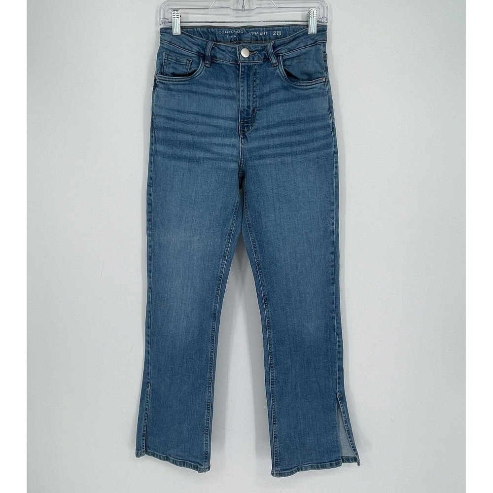 Contempo Women's Blue High Waisted Slit Hem Straight Leg Denim Jeans Size 28